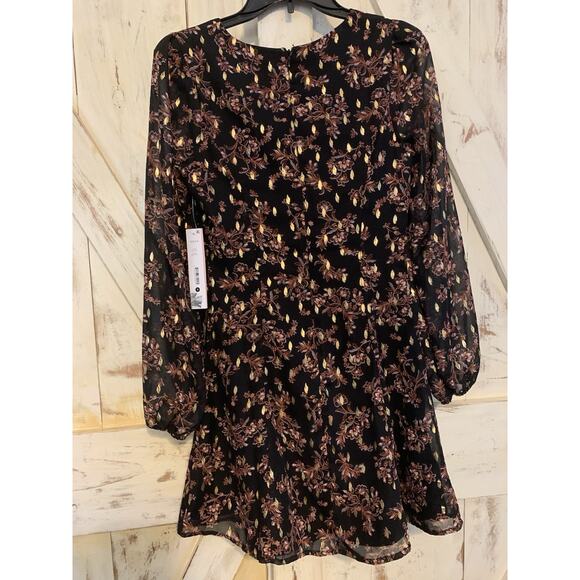 Aqua Floral Metallic Gold Print V-Neck Cocktail Party Mini Dress Long Sleeves XS - Picture 10 of 16